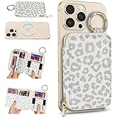 SunYoo Compatible with MagSafe Wallet,Magnetic Phone Wallet Card Holder for iPhone 17/16 Pro Max/15 plus/14 Pro/13/12 Series,PU Leather Zipper Pocket Adjustable Stand-White Leopard