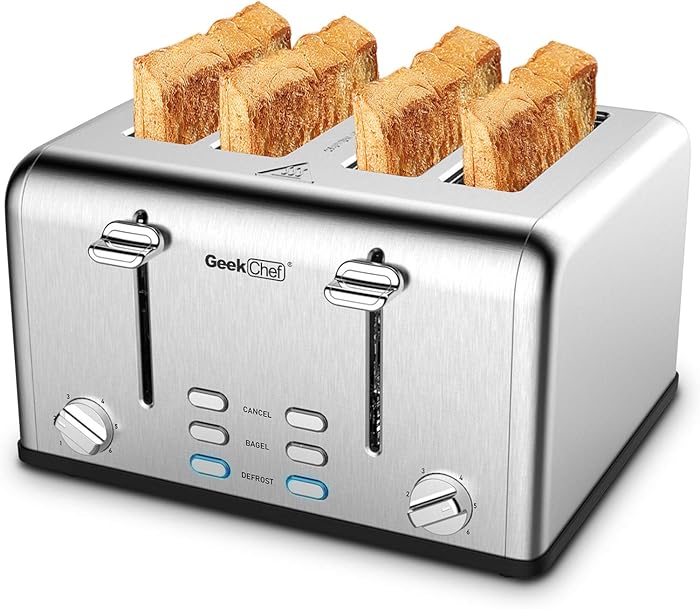 Toaster 4 Slice, Geek Chef Stainless Steel Extra-Wide Slot Toaster with Dual Control Panels of Bagel/Defrost/Cancel Function, 6 Toasting Bread Shade Settings, Removable Crumb Trays, Auto Pop-Up(sliver)