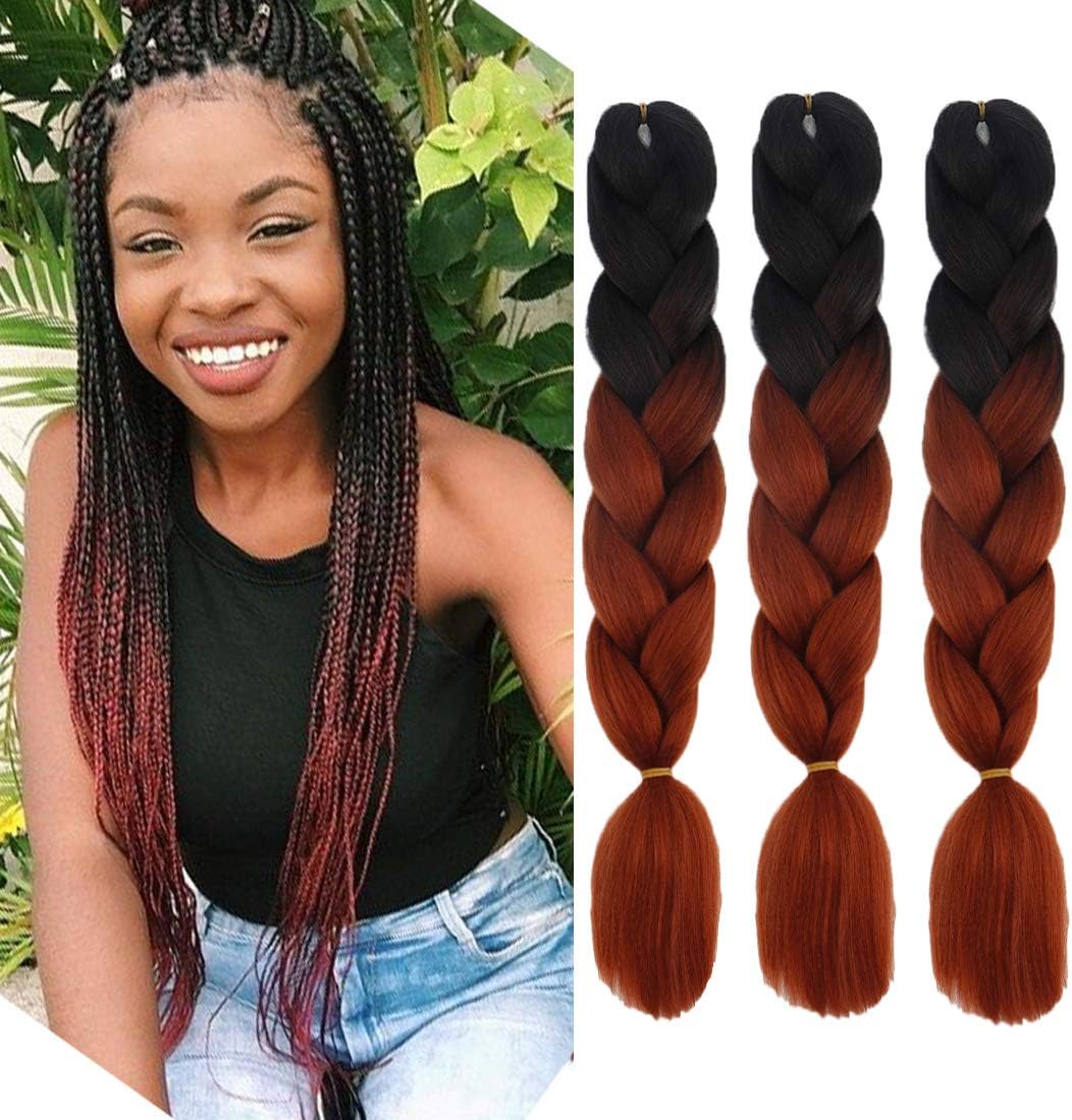 Jumbo Braids Colorful Synthetic Kanekalon Hair Extensions for DIY Crochet Box Braiding Ombre Black-Red Brown 3Pcs 100g/Pcs 24Inches