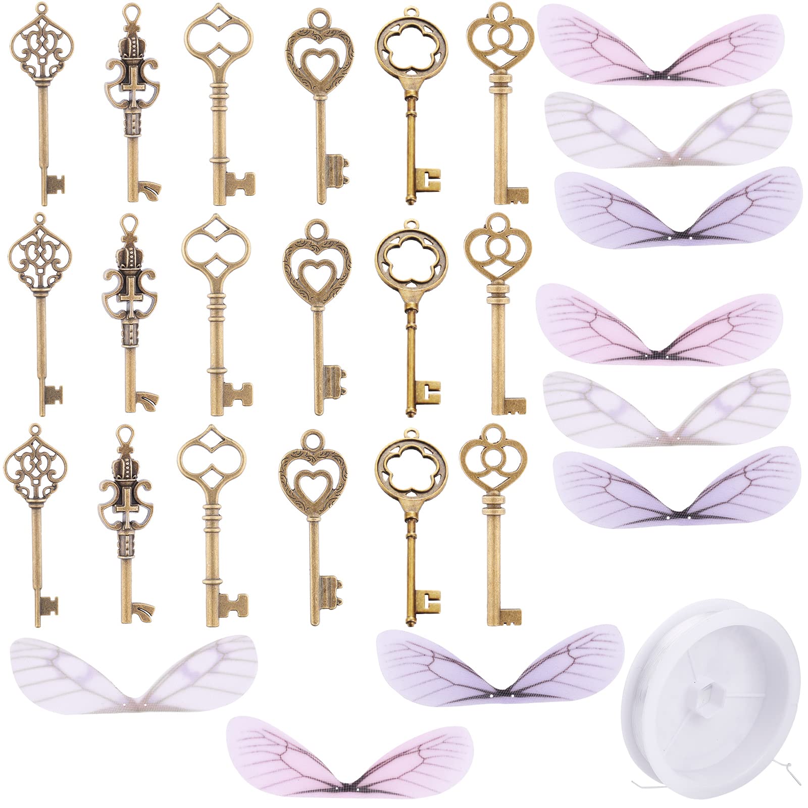 SUNNYCLUE 61Pcs Flying Keys Charms Vintage Keys with Dragonfly Wings Charm Keys Wings Decor 11 Yards Elastic Crystal String for DIY Art Craft Jewelry Making Necklace Crafts