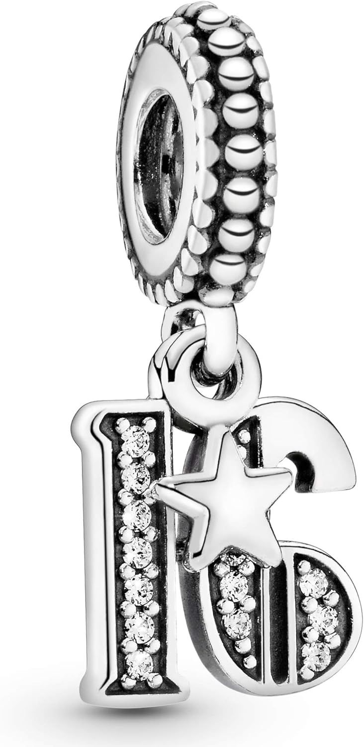 Pandora Moments Women's Sterling Silver 16 Years of Love Cubic Zirconia Dangle Charm for Bracelet No Box, 4 cm x 5 cm x 5 cm