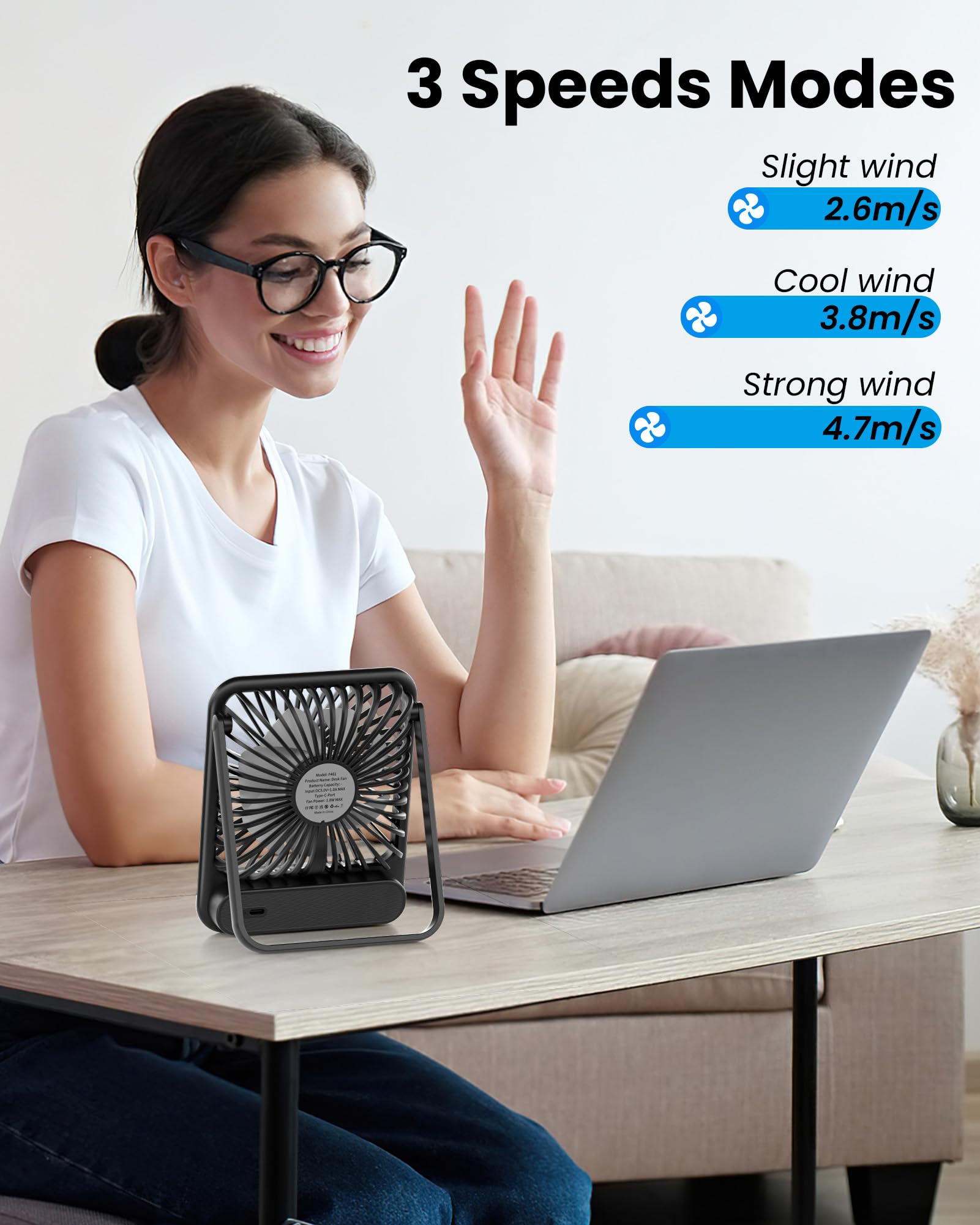 Koonie Desk Fan, Ultra Quiet 2.5-11h Battery Operated Small USB Fan with Strong Wind, 180° Tilt Folding and 3 Speeds Adjustable, Battery Powered Mini Personal Fan for Office Bedroom Desktop