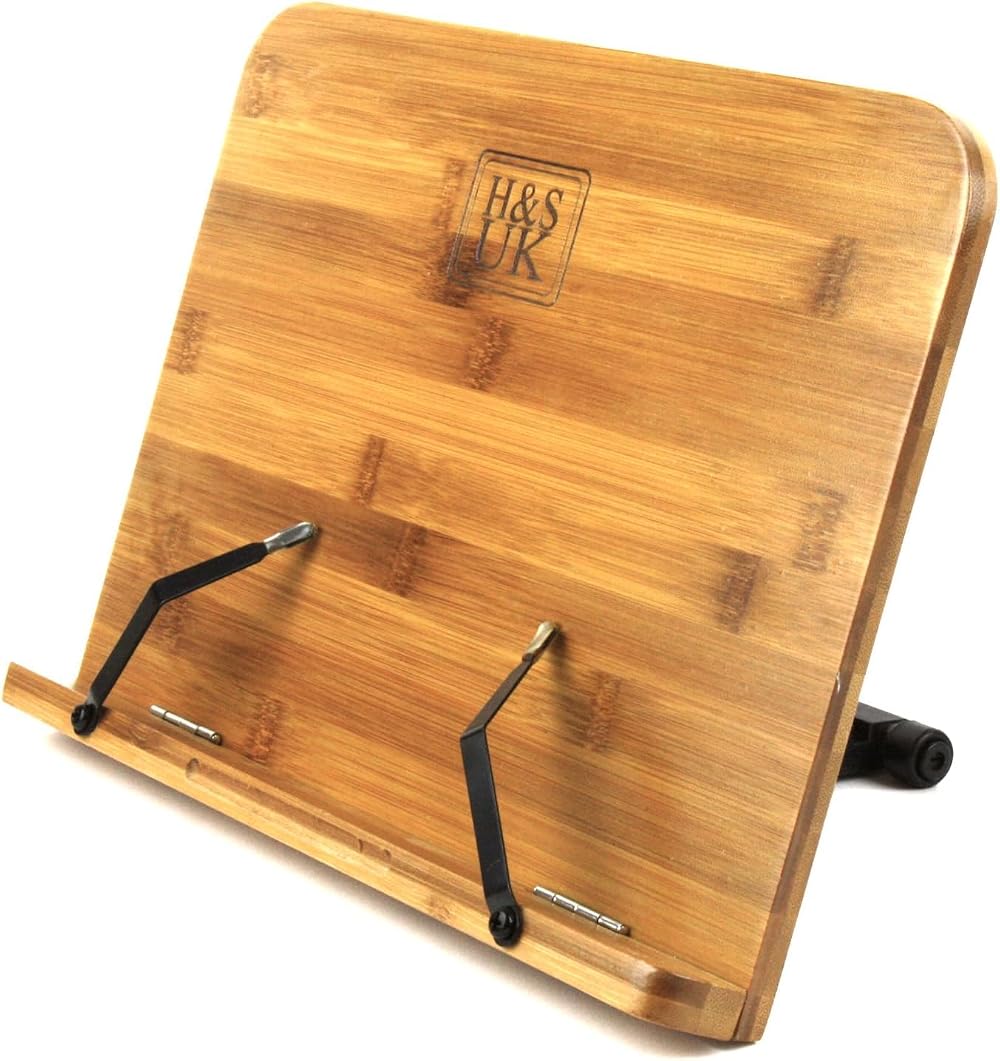 H&S Bamboo Recipe Book Stand with 6 Angles – Hands Free Cookbook Holder