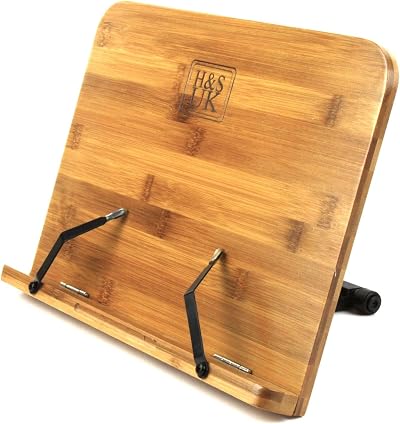 H&S Bamboo Recipe Book Stand with 6 Angles – Hands Free Cookbook Holder