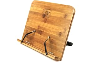H&S Bamboo Recipe Book Holder - Foldable & Portable Cookbook Stand for Desk - Adjustable Holder for Reading in Bed or Kitchen