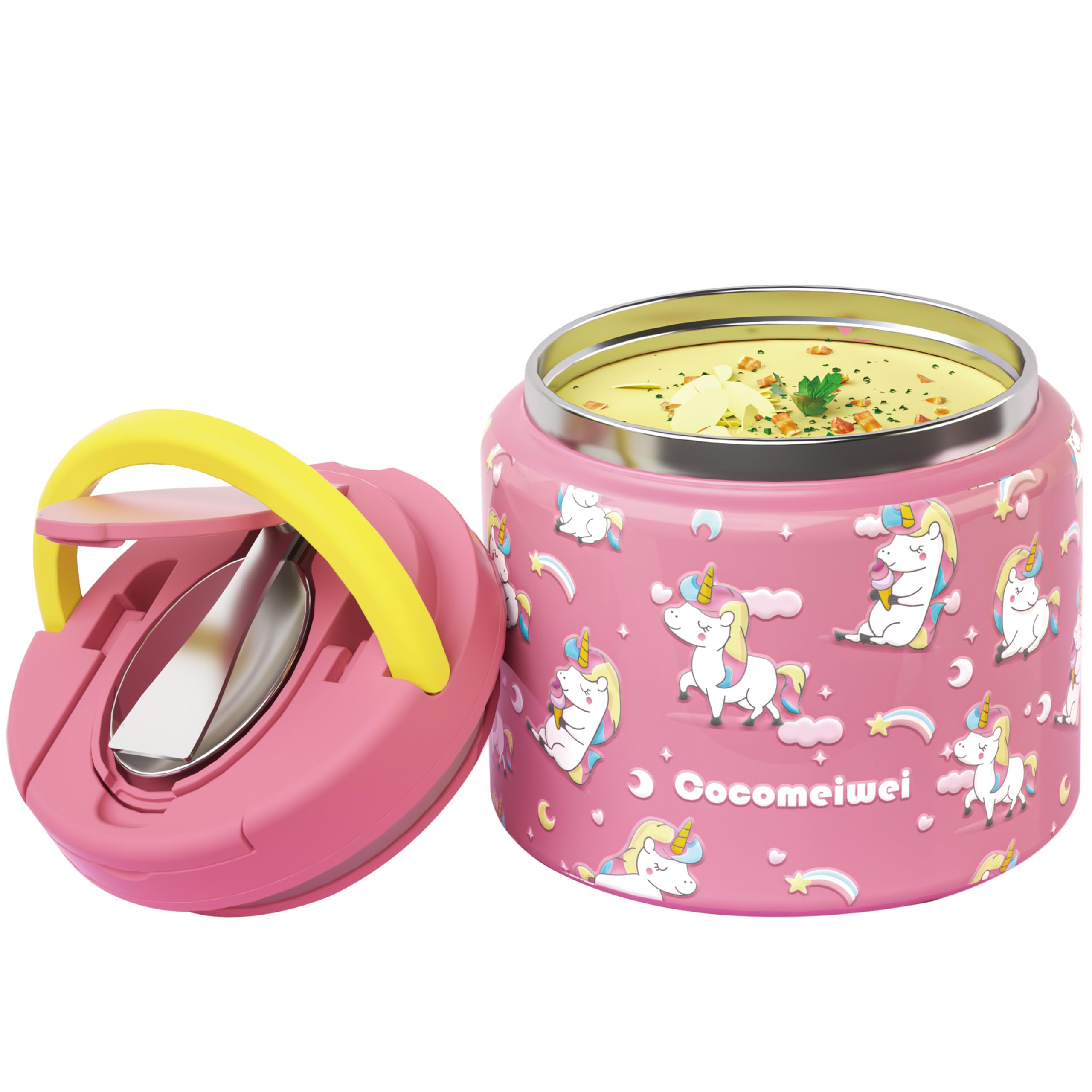 Photo 1 of CocoMeiwei 11.8 oz Thermo for Hot Food, Soup Thermo Stainless Steel, Hot Food Container with Fold-up Spoon, Flip Open Lid School Insulated Food Jar, Keep Hot & Cold for Work,Pink-Unicorn