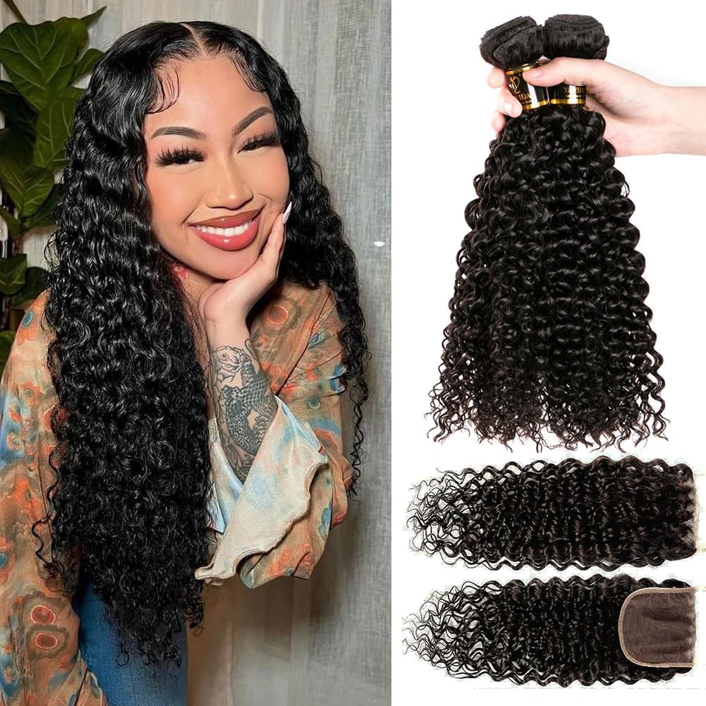 Water Wave Human Hair Bundles with Closure (18 20 22+16) Wet and Wavy 100% Unprocessed Brazilian Virgin human hair 3 Bundles with 4x4 Lace Closure Free Part Curly Wave Hair Extensions