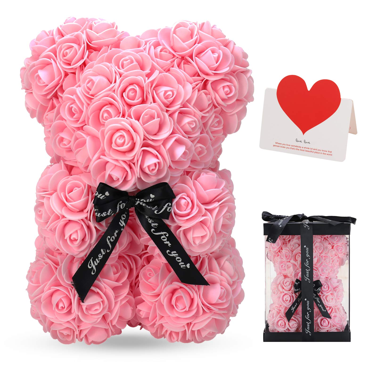 LINKLO Bear Rose Teddy Bear -10 inch Artificial Rose Flower Bear, Gift for Wedding, Mothers Day and Anniversary, Including Transparent Gift Box (Pink)