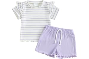 Mandizy Toddler Baby Girl Clothes Summer Ribbed Knit Ruffle Short Sleeve Striped Print T-Shirt Tops Shorts Set Outfit