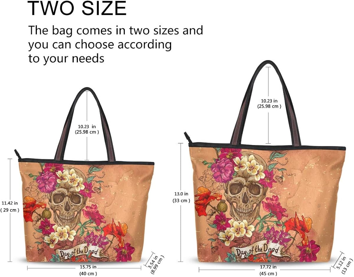 Mnsruu Women Zipper Handbag,Large Top Tote Shoulder Bag Casual Shopping Bag,M (Skull And Flowers Day Of The Dead) - Image 3