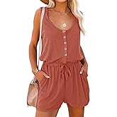 Mafulus Womens Summer Scoop Neck Button Down Sleeveless Jumpsuit Rompers Adjustable Waist Short with Pockets