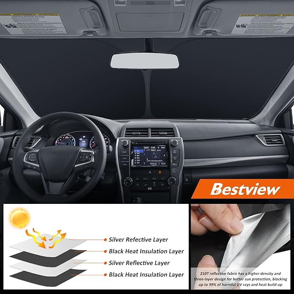 BESTVIEW WINDSHIELD SUN SHADE FOR 2012-2017 TOYOTA CAMRY, FRONT WINDOW SUNSHADE SUN VISOR PROTECTOR BLOCK UV RAYS HEAT, FOLDABLE 3 LAYERS 210T MATERIAL
