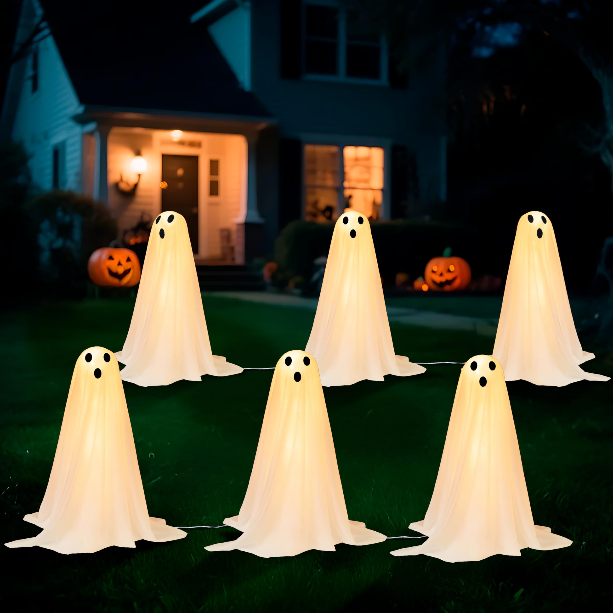 Photo 1 of JOYIN 6 Pcs Halloween Decorations Outdoor Ghosts Pathway Lights, 18” White Light Up Cloth Ghost with Yard Stakes for Graveyard Yard Lawn Garden Prop, Party Decor Supplies