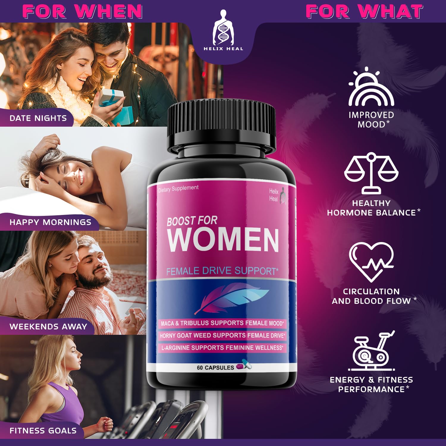 Helix Heal Libido Booster for Women Fast Acting with Horny Goat Weed - Female Desire Pills with Maca Root, Tribulus Terrestris, Ginseng and Hornygoatweed Women - Hormone Balance, Made in USA (60 ct)