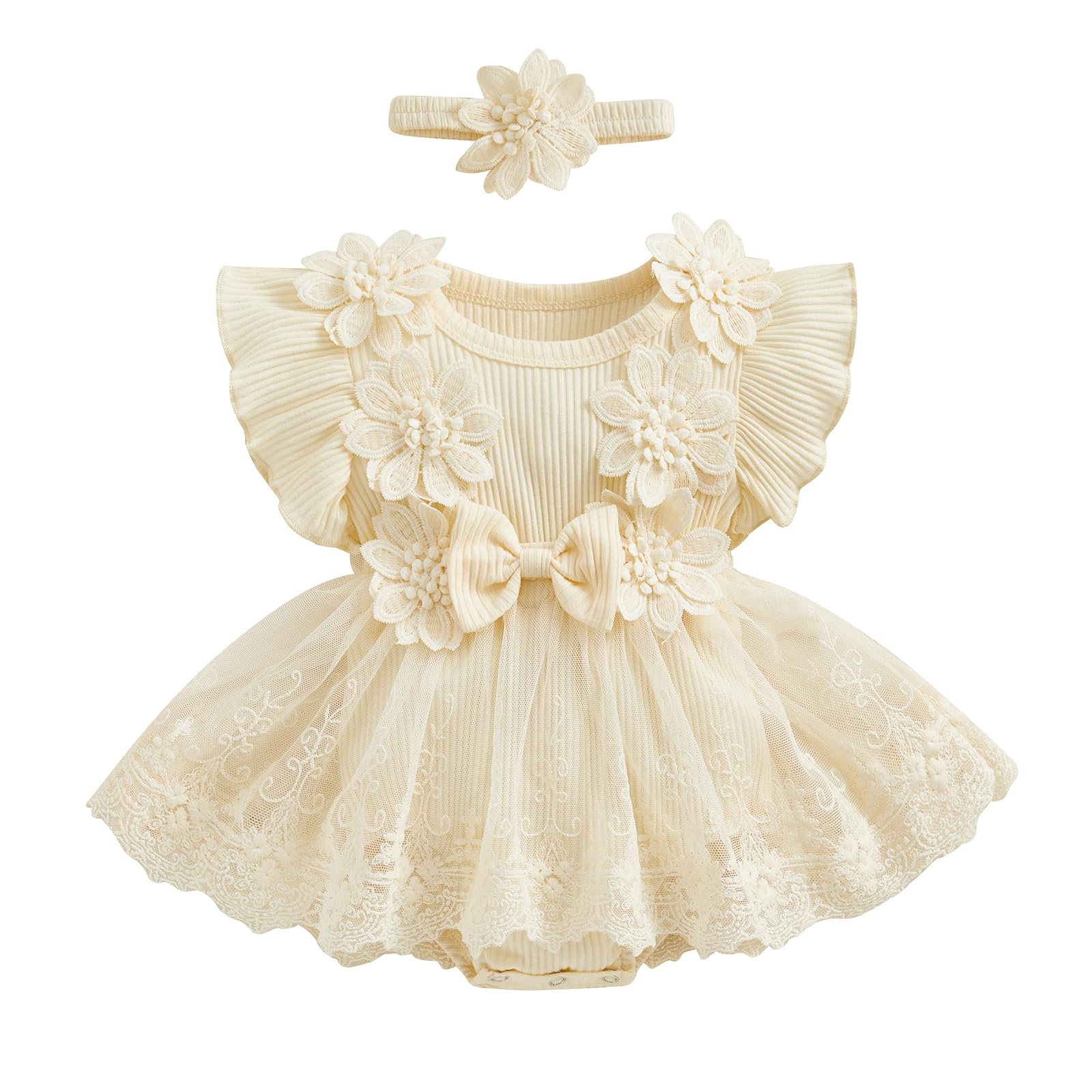 Photo 1 of Infant Baby Girl Floral Embroidery Lace Tulle Romper Dress Sleeveless Ruffle Tutu Bodysuit Birthday Baptism Outfit