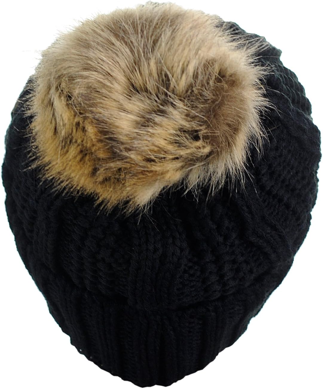 C.C Thick Cable Knit Faux Fuzzy Fur Pom Fleece Lined Skull Cap Cuff Beanie, Black at  Women’s Clothing store