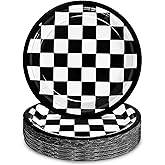 48 Pcs 7" Black Checkered Paper Plates Light Black & White Gingham Flag Party Plates, Plaid Dessert Table Supplies for Race Car BBQ Gathering Picnic Baby Shower Birthday Dinner Party Decorations