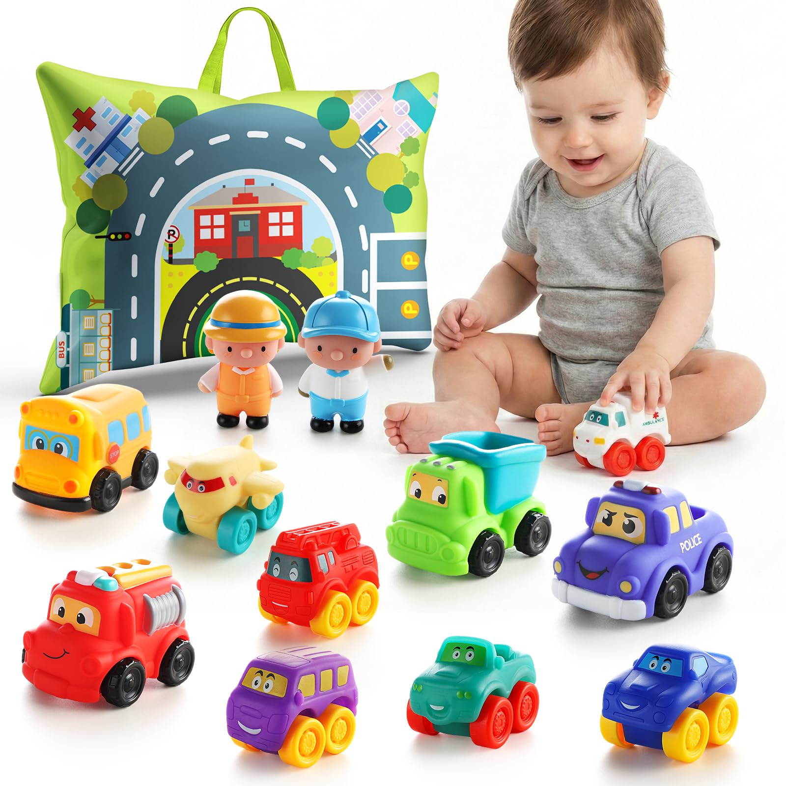 ALASOU 12 PCS Soft Rubber Car Toys for 1 Year Old Boy with Playmat/Storage Bag|Baby Toys 1 Year Old Boy Gifts Easter Basket Stuffers for Toddler Toys 1-2|1st Birthday Gift for Infant 12 18 Months