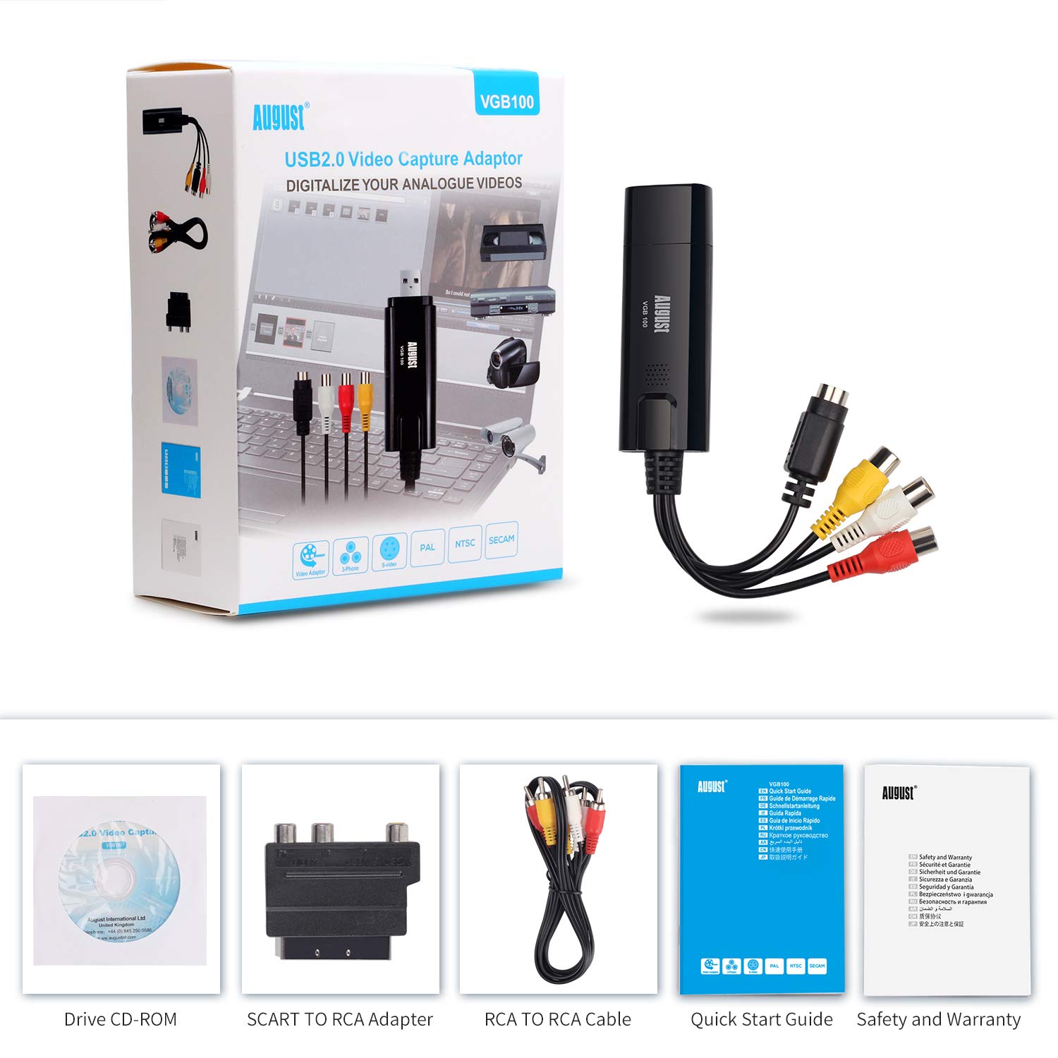 August VGB100 - External USB Video Capture Card - S Video/Composite to USB Transfer Cable - Grabber Lead for Windows 11/10 / 8/7 / Vista/XP