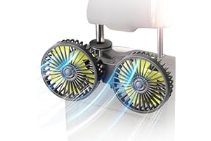 Ouffun Car Fan for Backseat, Dual Head USB Car Seat Fan, 3 Speeds Strong Wind 360° Rotatable Vehicle Rear Headrest Fan for Car, Air Circulation Car Fans with Adjustable Clip for All Car Models