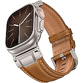 LOIRNBR Leather Bands Compatible with Apple Watch Ultra 3/2/1 Band 49mm 46mm 45mm 44mm 42mm Men, Leather Metal Connector Strap for iWatch Ultra Series 11/10/9/8/7/SE/6/5/4/3/2/1, Retro Brown/Titanium