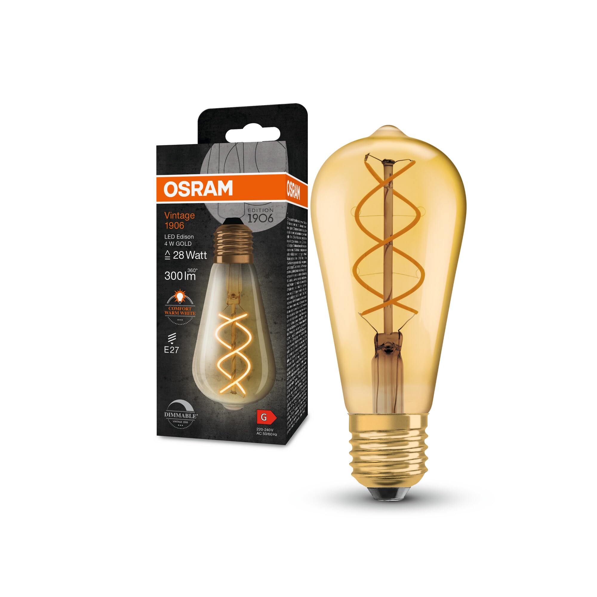 OSRAM Vintage 1906 Golden Filament Led Lamp Made of Glass in Edison Form, Socket E27, 300 Lumens, 28W Replacement, Very Warm White Almost Like Candlelight (2000K), Dimmable