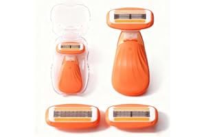 Keropy Moisturizing Bar Mini Travel Razor Kit for women Under Arm Pubic Hair Lines- 1 Handle and 3 Cartridges - Extra Smooth 5-blade With Case for Close Shaving - Orange