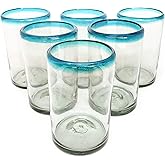 MexHandcraft Aqua Blue Rim 14 oz Drinking Glasses (set of 6) Mexican Handmade Glassware, Recycled Glass, Lead-free, Toxin-Free (Drinking)