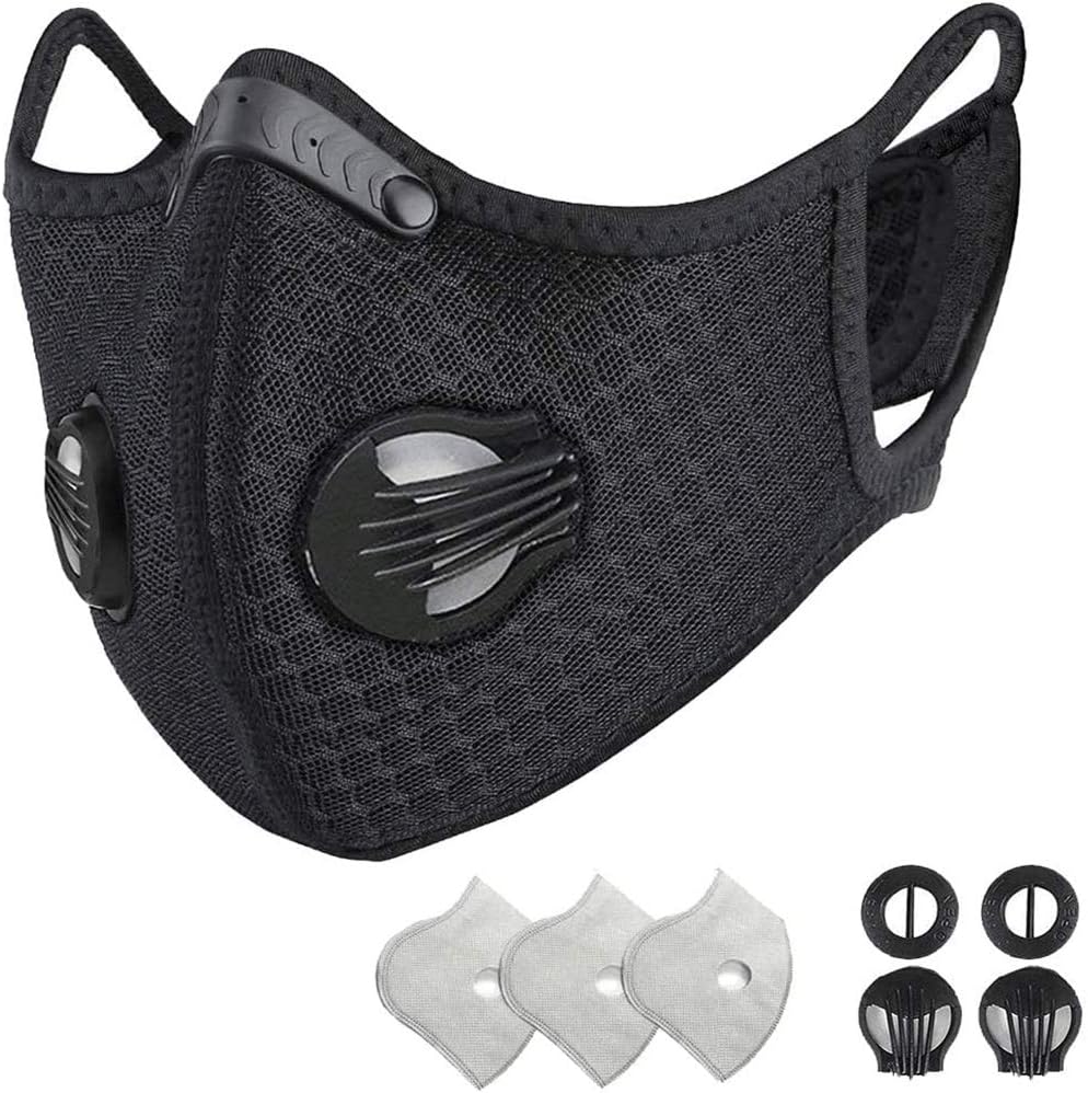 Dust Mask Anti-Pollution Sports Mask with 3 Activated Carbon Filters and 2 Valves Dustproof Face Mask Sheet Mask for Motorcycle Cycling Running Exhaust Fumes Outdoor Activities