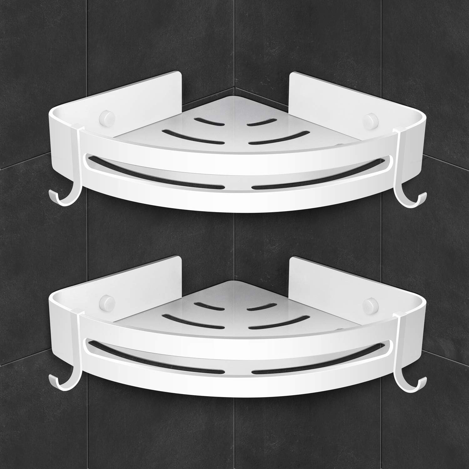 AK KYC Shower Corner Shelf Shower Caddy Wall Mounted Bathroom Shelves-Strong Adhesive (No Drilling) in 2 Pack with 4 Removable Hooks Rustproof Aluminum Basket Organizer Hanging Storage kitchen-White - - 