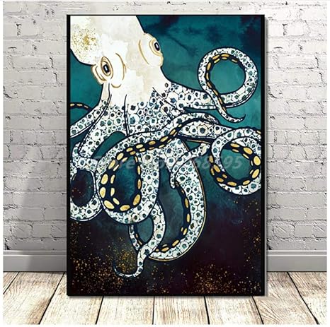 Amazon Co Jp Ygacj 白と金のタコの絵北欧のダークティールポスターシーライフアートワークホーム装飾壁アートリビングルーム用写真 50x70cm フレームなし ホーム キッチン