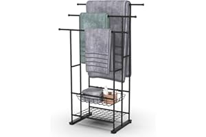 Purbambo 3 Tier Freestanding Towel Rack for Bathroom, 40" Tall Floor Standing Towel Racks with Storage Basket and Shelf, Poolside Drying Rack for Large Bath Towels – Black