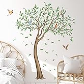 Large Green Tree Wall Decals, Falling Leaves Birds Wall Stickers Vinyl Peel and Stick Wall Decal Self Adhesive Wall Art Sticker for Aisle Bedroom Office Sofa Backdrop Wall Home Decor (W56.7 * H65.4in)