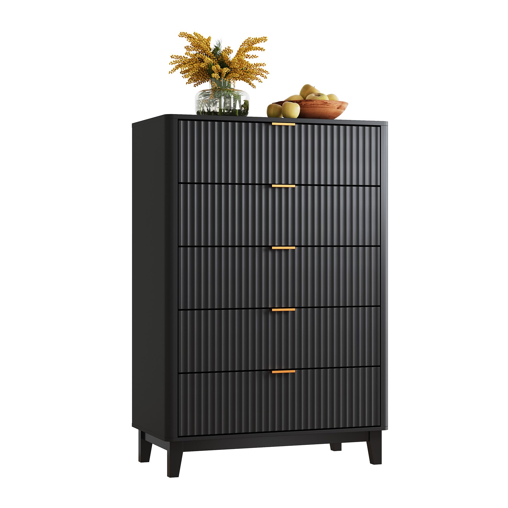 Photo 1 of **STOCK PHOTO FOR REFERENCE**Fluted Dresser for Bedroom with 5 Drawers, 46.26" Tall Wooden Dresser with Golden Metal Handles, Mid Century Modern Chest of Drawers for Living Room, Hallway, Closet, Solid Black