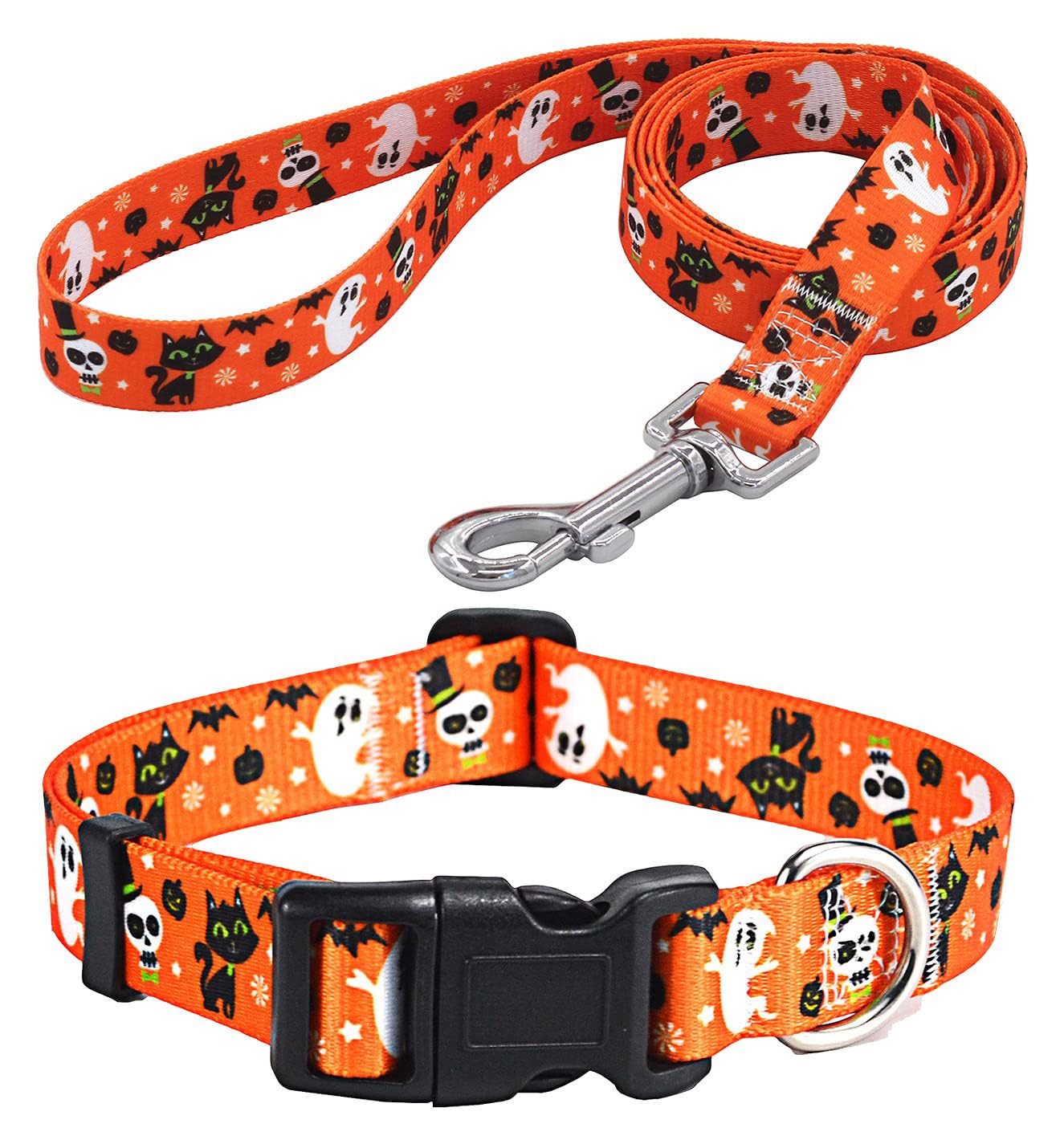 Mihqy Halloween Dog Collar and Leash Set - Pumpkin Bat Ghost Pattern - Adjustable for Small Medium Large Dogs(Halloween Set,L) — image 1