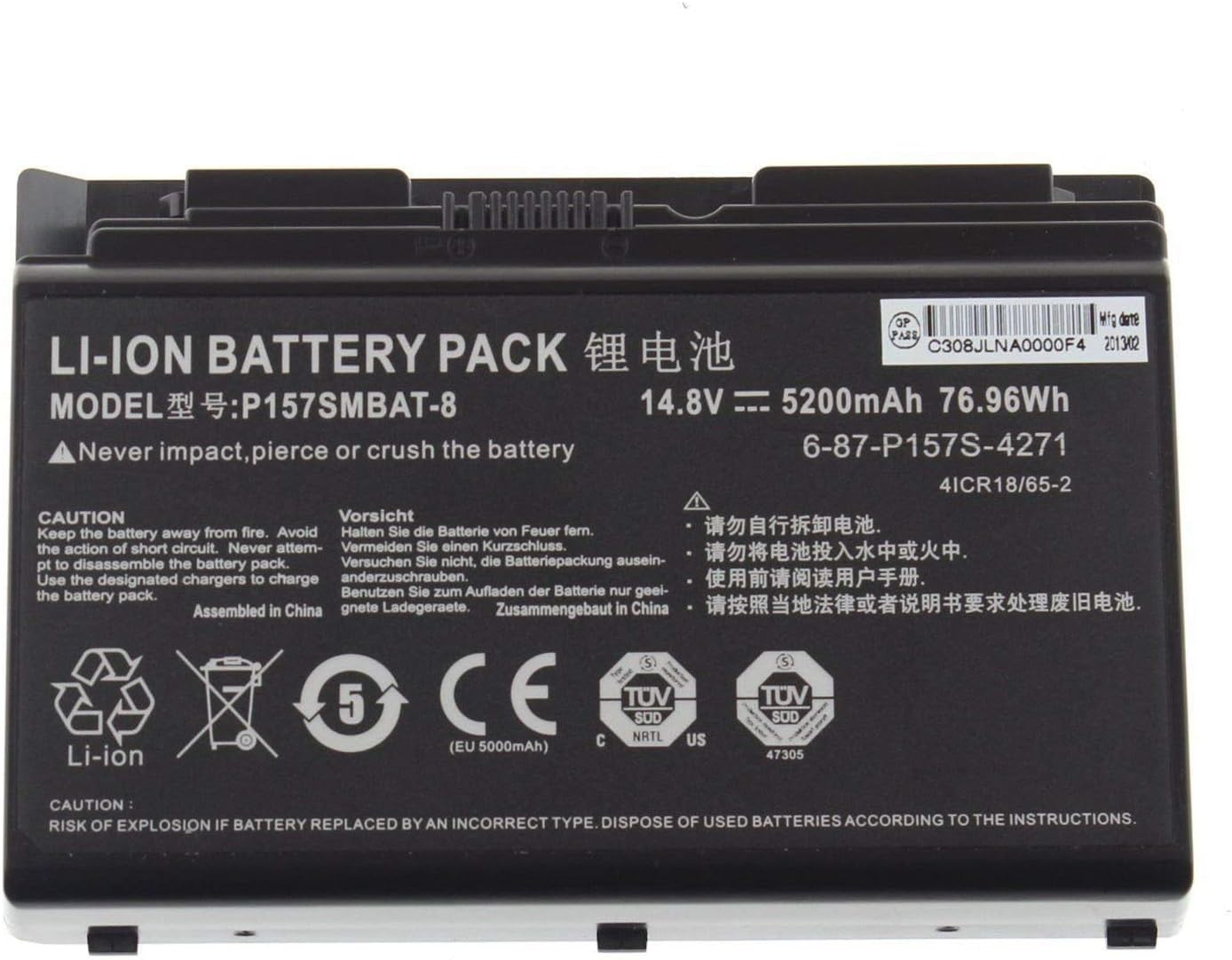 P157SMBAT-8 6-87-P157S-4272 6-87-P157S-4273 6-87-P157S-4271 4ICR18/65-2 Laptop Battery Replacement for Clevo Terransforce P157S P157SM P177SM-A Hasee K780S-i7 K780E Series (14.8V 5200mAh 76.96Wh)