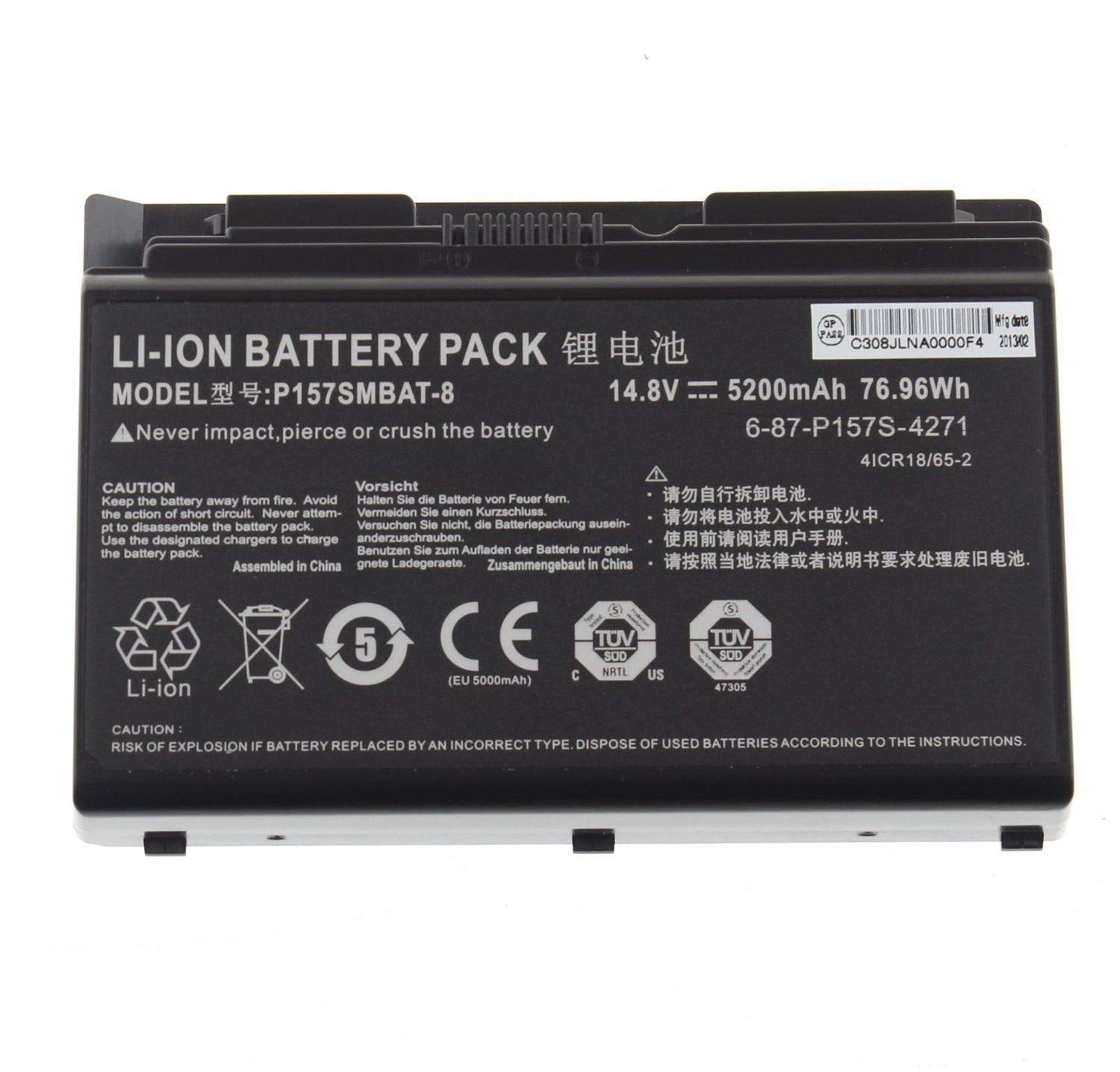 P157SMBAT-8 6-87-P157S-4272 6-87-P157S-4273 6-87-P157S-4271 4ICR18/65-2 Laptop Battery Replacement for Clevo Terransforce P157S P157SM P177SM-A Hasee K780S-i7 K780E Series (14.8V 5200mAh 76.96Wh)