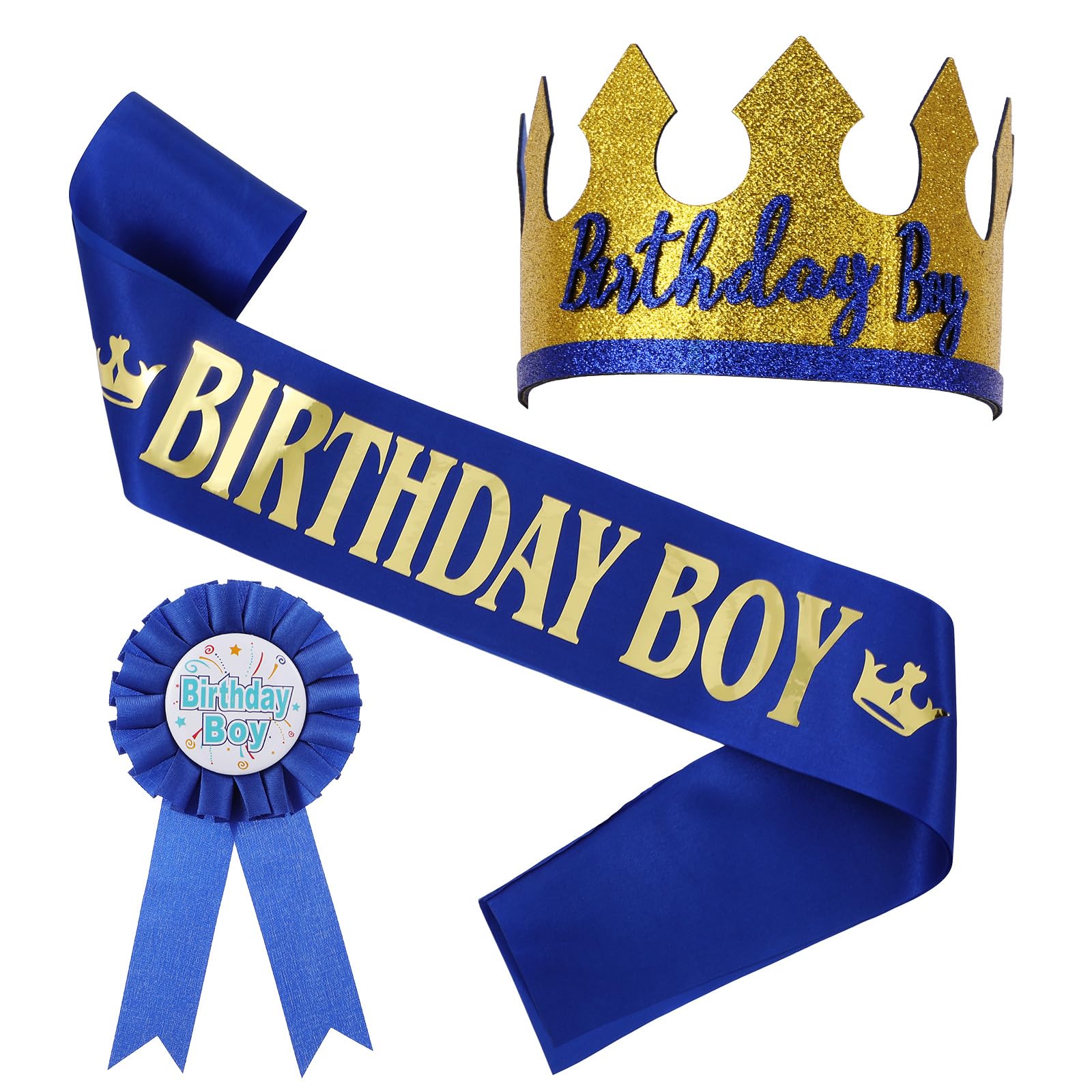 Classicseali 3pcs Birthday Boy Hat Set,Its My Birthday Badge,Birthdays Sash and Tiara Set, for Boys Theme Party Decoration Supplies, Blue