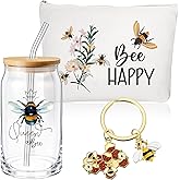 Hushee 3 Pcs Bee Theme Gifts for Women Happy Makeup Bag and Glass Cup with Lid Straw Keychain Inspirational Gifts for Mom Friend Sister Coworker