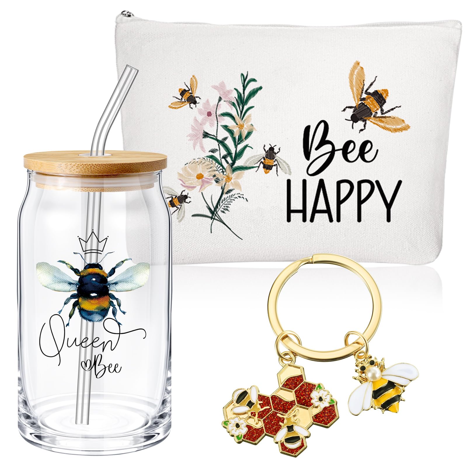 Photo 1 of **MISSING STRAW** Hushee 3 Pcs Employee Appreciation Bee Theme Gifts for Women Makeup Bag and Glass Cup with Lid Straw Keychain Thank You Gifts for Back to School Housekeeping Week Staff Volunteer