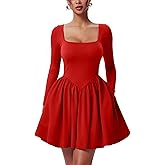 YMDUCH Women's Casual Long Sleeve Square Neck Back Belt A Line Ruffle Hem Mini Dress with Pockets