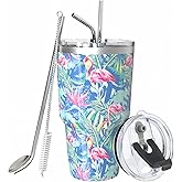 Pandaria 30oz Insulated Tumblers with Lids and Straws, Double wall Stainless Steel Tumbler with straw, Reusable Spill Proof Tumbler, Perfect for Iced Coffee, Tea & More- Flamingo