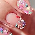 Flower Press on Nails Medium Cute Colorful 3D Flowers Fake Nails Square Acrylic Nails Press ons Colorful Floral Full Cover Glossy Spring and Summer Stick Glue on Nails for Women Girls 24 Pcs