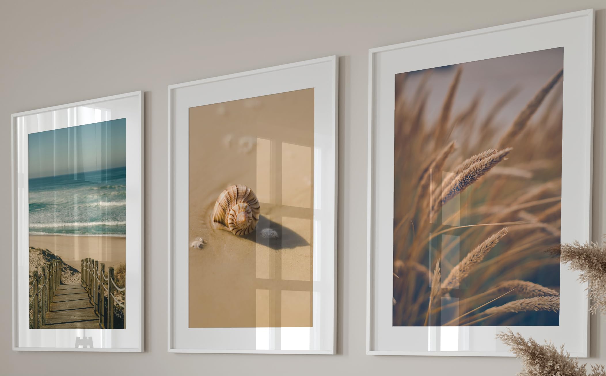 Eviepops Prints Sandy Beach Landscape Set of 3 Unframed Wall Prints, Sea Ocean Waves Beach Path, Bathroom Living Room Home Décor, Coastal Style, Sea Shell Wooden Bridge Reeds (A3)