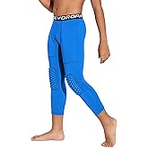 DEVOROPA Youth Boys' Compression Pants with Knee Pads 3/4 Basketball Athletic Tights Quick Dry Sports Workout Leggings