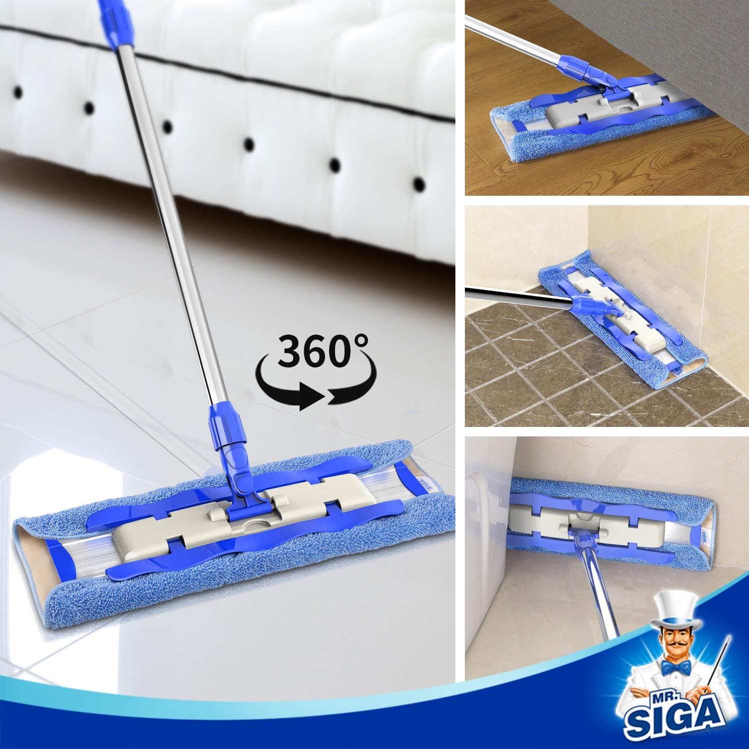 MR.SIGA Professional Microfiber Mop for Hardwood, Laminate, Tile Floor Cleaning, Stainless Steel Handle - 3 Reusable Flat Mop Pads and 1 Dirt Removal Scrubber Included: Home & Kitchen