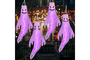 Geefuun 4PCS Purple Halloween Fierce Ghost Windsocks Hanging Decorations - 43 Inch Flag Wind Socks for Home Yard Outdoor Decor Party Supplies (Batteries Not Included,No Timer)