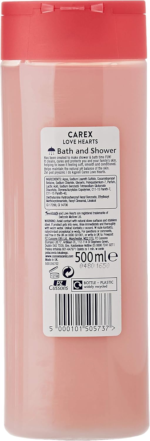 Carex Fun Editions Love Hearts Shower Gel, Cleans, Cares and Protects, Bulk Buy, Pack of 6 x 500 ml, Pink, 500 ml (Pack of 6) - Image 3