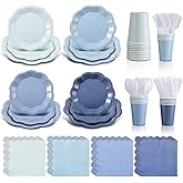 Sunnychicc 336 Pcs Dusty Blue Gradient Disposable Dinnerware Sets for 48 Guests, Blue Party Supplies Include Paper Plates, Cups, Napkins and Plastic Cutlery for Wedding, Birthday, Baby Shower Party