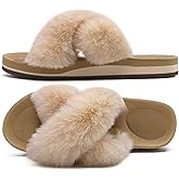 COFACE Womens Fuzzy Slides Fluff Faux Fur Cross Slippers Open Toe Yoga Mat House Slipper Sandals With Arch Support For Indoor/Outdoor